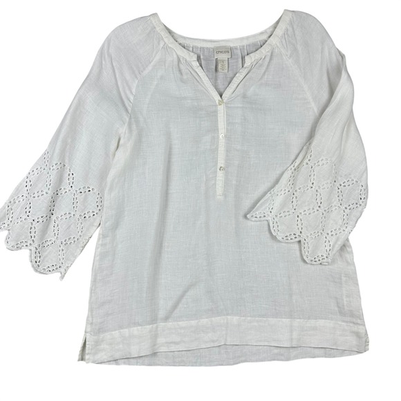 Chico's Tops - Gorgeous Chicos White 100% Linen Eyelet scalloped Bell Sleeve Tunic Top Sz 1 Med